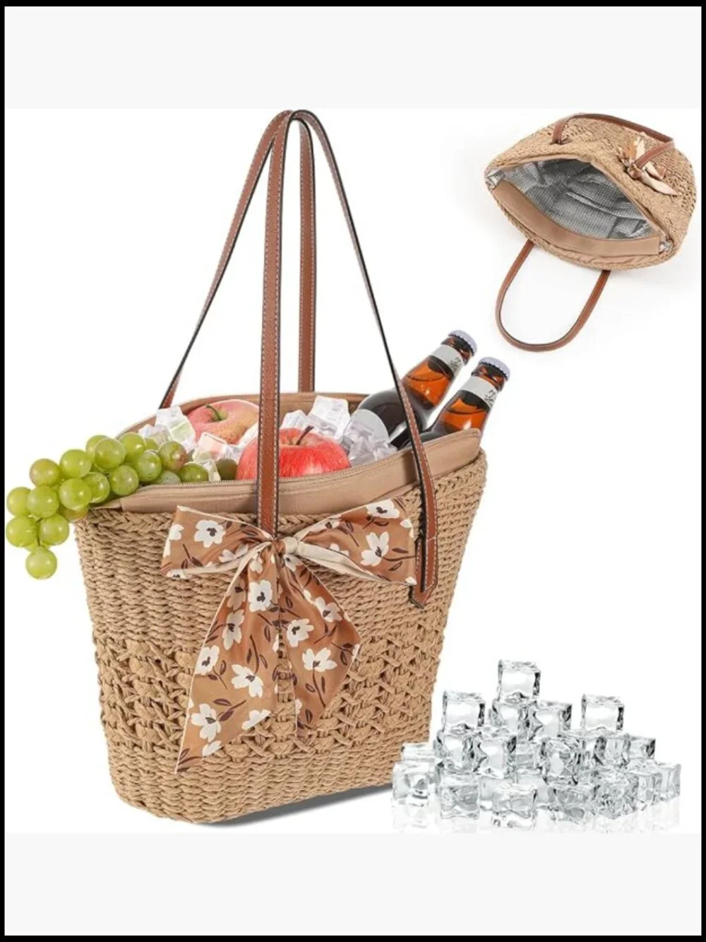 Women's Insulated Straw Woven Cooler Bag Leak Proof Zipper Picnic Beach Tote
